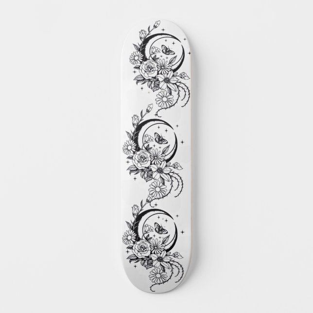 Trendy Tattoo Style Floral Crescent Moon Deck Mini Skateboard Bräda 18,5 Cm (Framsida)