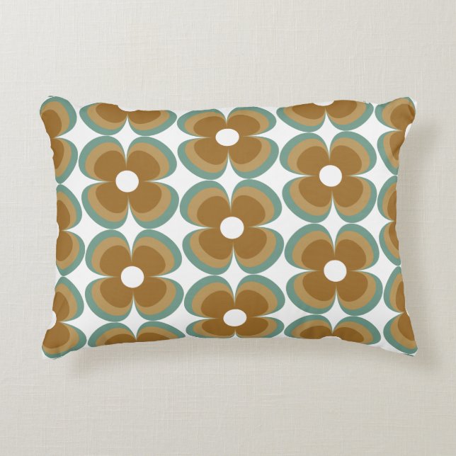 Trendy Teal Caramel Retro Groovy Flowers Seamless Prydnadskudde (Framsidan)