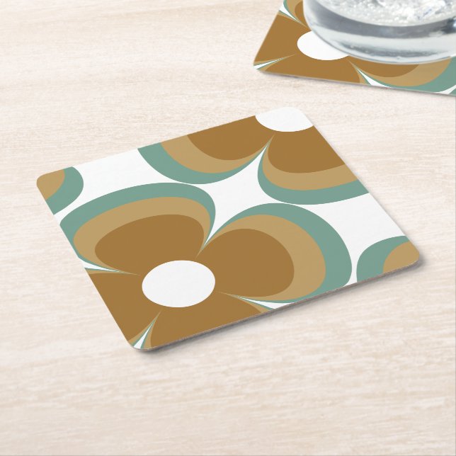Trendy Teal Caramel Retro Groovy Flowers Seamless Underlägg Papper Kvadrat (Vinklad)