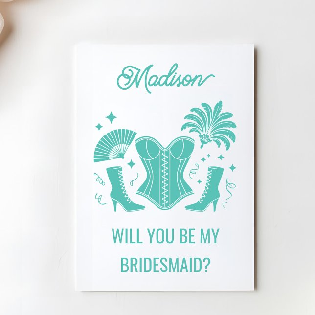 Trendy Teal Las Vegas Showgirl Bridesmaid Proposal Kort (Skapare uppladdad)