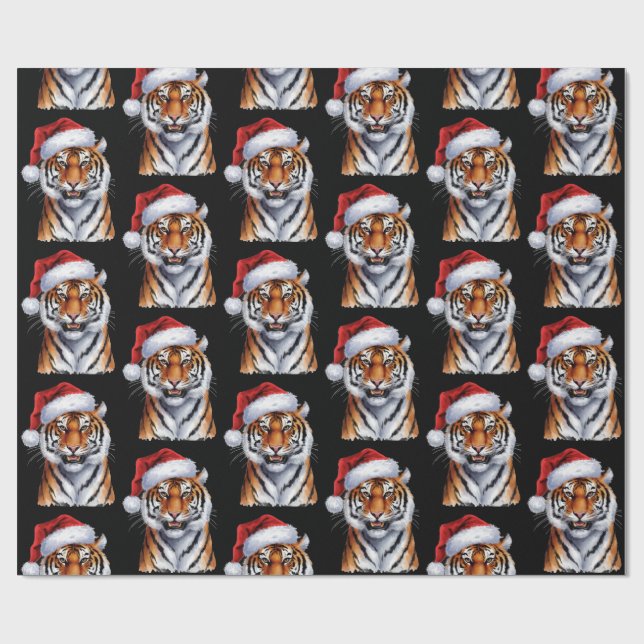 Trendy Tiger with Santa Hat Christmas Black  Presentpapper (Platt)