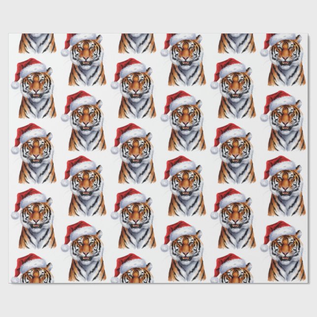 Trendy Tiger with Santa Hat Christmas Green        Presentpapper (Platt)
