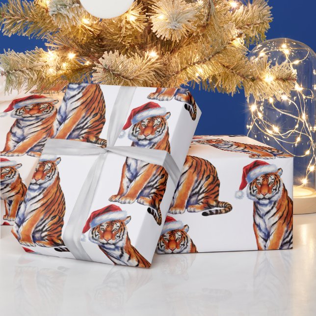 Trendy Tiger with Santa Hat Christmas Presentpapper (Helgdagar)