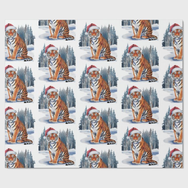 Trendy Tiger with Santa Hat Christmas Presentpapper (Platt)