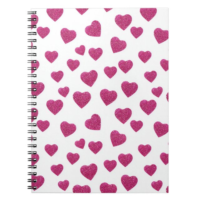 Trendy Valentine Pink Glitter Hearts on White Anteckningsbok (Framsidan)