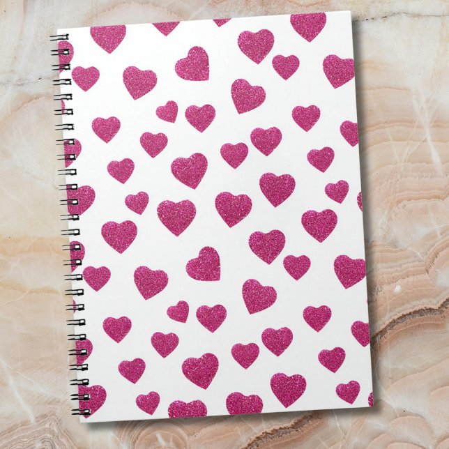 Trendy Valentine Pink Glitter Hearts on White Anteckningsbok (Skapare uppladdad)