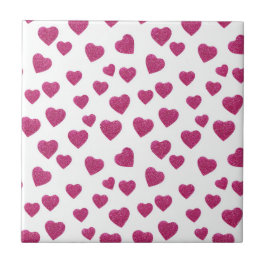 Trendy Valentine Pink Glitter Hearts on White Kakelplatta