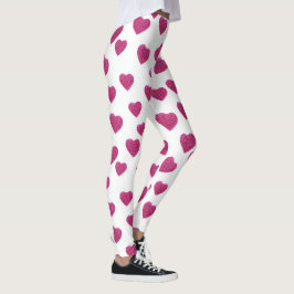 Trendy Valentine Pink Glitter Hearts on White Leggings