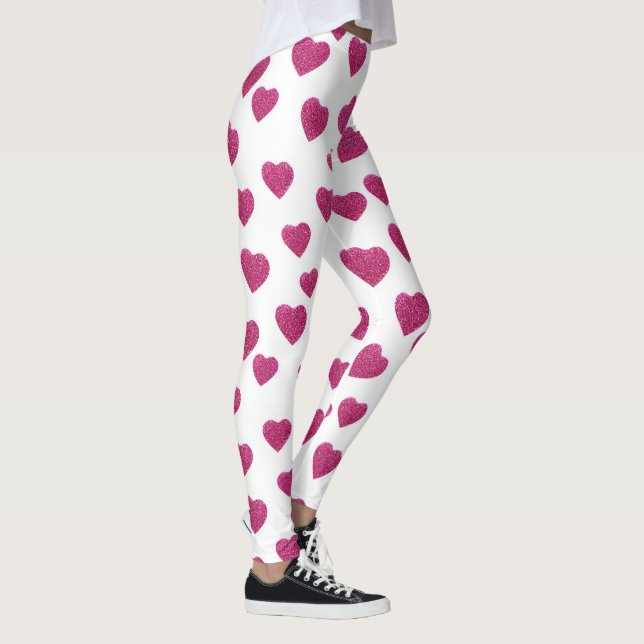 Trendy Valentine Pink Glitter Hearts on White Leggings (Höger)