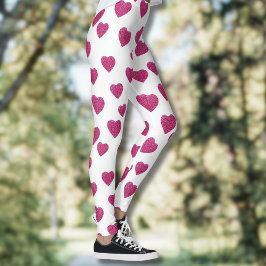 Trendy Valentine Pink Glitter Hearts on White Leggings