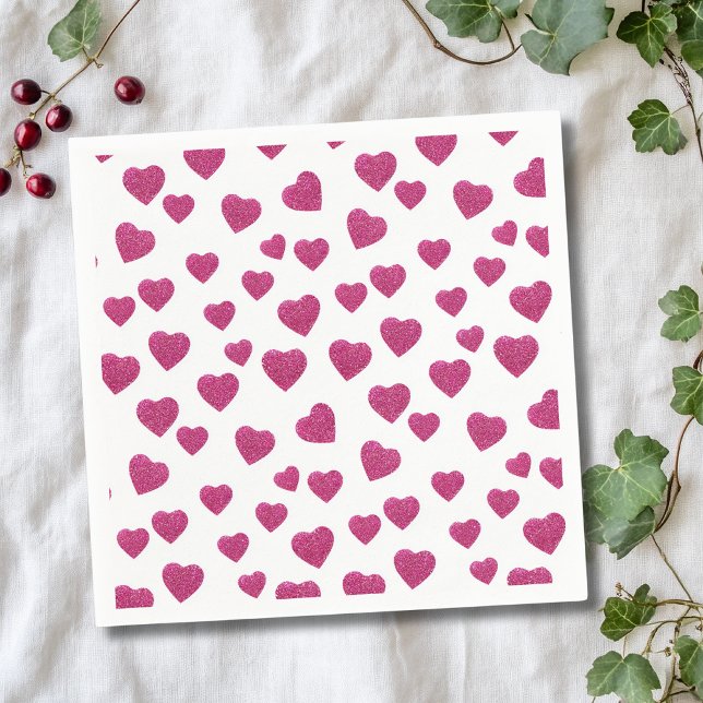 Trendy Valentine Pink Glitter Hearts on White Pappersservett (Skapare uppladdad)