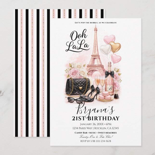 Très Chic i staden Rosa Paris 21-årsfest  Inbjudningar (Fram/baksida)