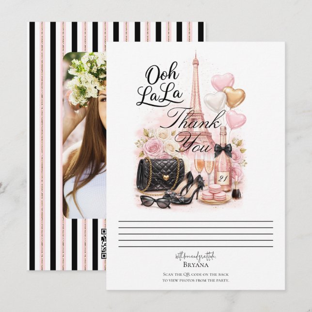 Très Chic in the City Pink Paris Thank You Card Inbjudningar (Fram/baksida)