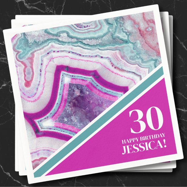 Trettio 30-års Födelsedagsfest Pappersservett (Bright Turquoise Pink Agate 30th Birthday Party Napkins)