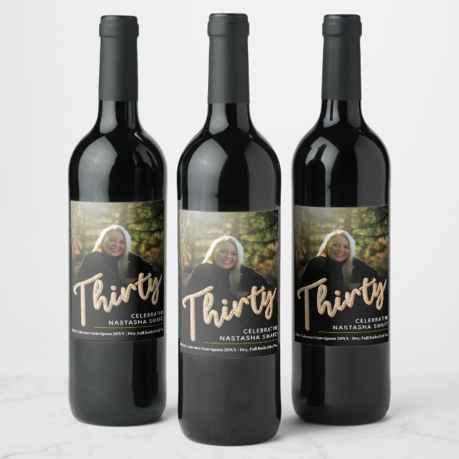 Trettio 30års födelsedag-fotoskript glitter guld vinflaska etikett (Flaskor)