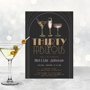 Trettio Fabulous Cocktail Guld Black 30års födelse Inbjudningar