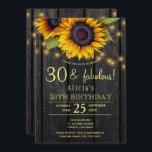 Trettio fantastiska solblommor från guld, land lä inbjudningar<br><div class="desc">Rustic land 30-födelsedagsfesters inbjudan till snyggt på mörk brun barrdagg med stor gult-solblommor, strängar av tvillinglå ljus och ett faux-guld typografi-skript. Enkel att anpassa med dina uppgifter! Du kan välja att anpassa det ytterligare genom att ändra typsnitt och färg på text. Inbjudan är lämplig för utomhusträdgård/trädgårdsskötsel land brunch/barbecue sommar- eller...</div>