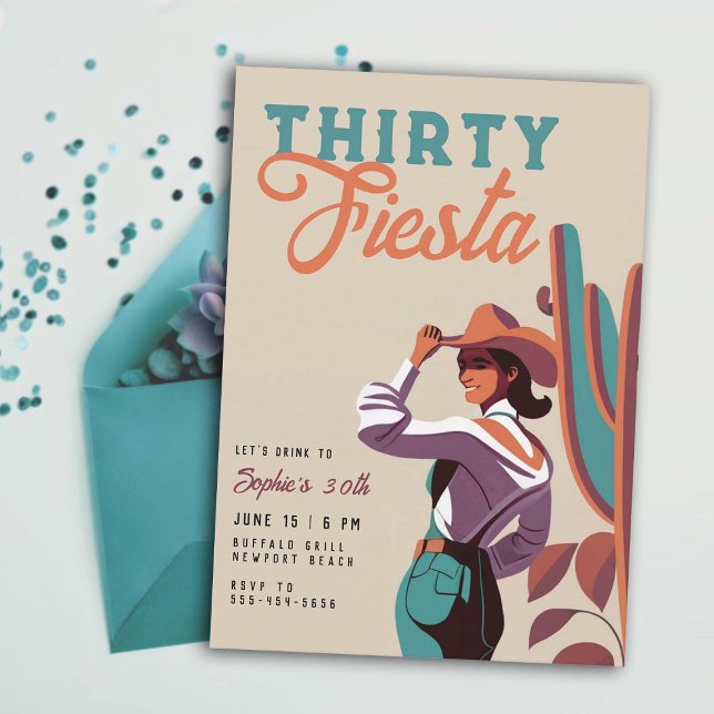 Trettio Fiesta Retro Land Westerna 30års födelseda Inbjudningar (thirty fiesta 30 birthday party invitation women country western southwestern desert cactus teal )