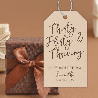 Trettio Flirty och Thriving Brown 30års födelsedag Presentetikett