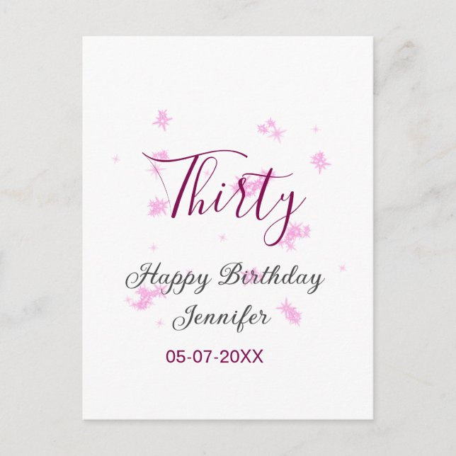 Trettio födelsedag rosa glitter stjärnor svart 30- vykort (Framsida)