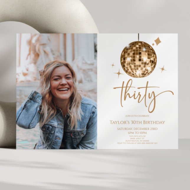 Trettio Guld Disco Boll Photo 30års födelsedag Par Inbjudningar (Skapare uppladdad)