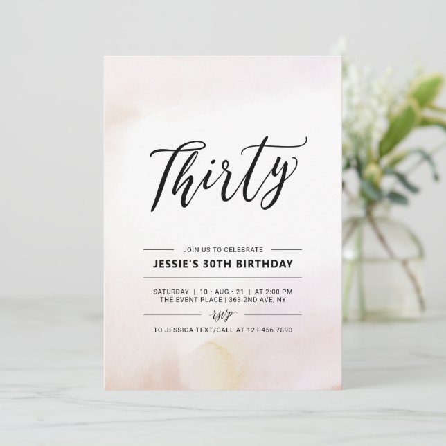 Trettio | Minimal 30-års födelsedagsfest Watercolo Inbjudningar (Stående Fram)