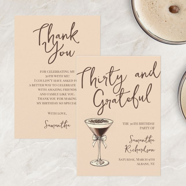 Trettio och tacksamma Espresso Cocktail 30års föde Tack Kort (Thirty & Grateful Espresso Cocktail 30th Birthday Thank You Card)