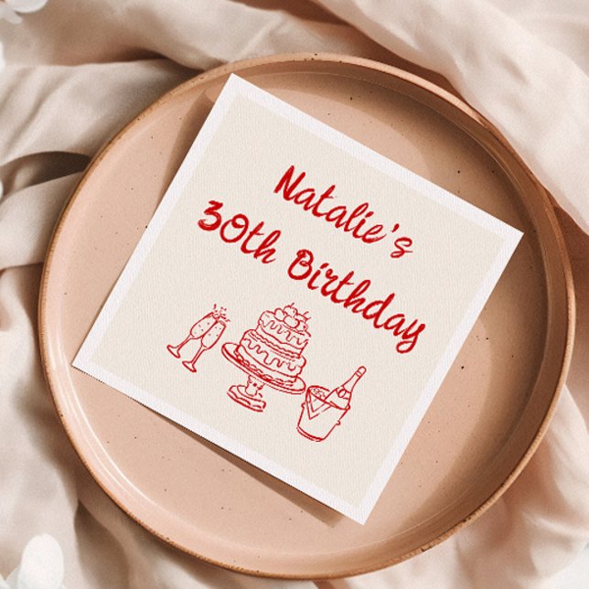Trettio Retro Hand plockade Cake Champagne Birthda Pappersservett (Skapare uppladdad)