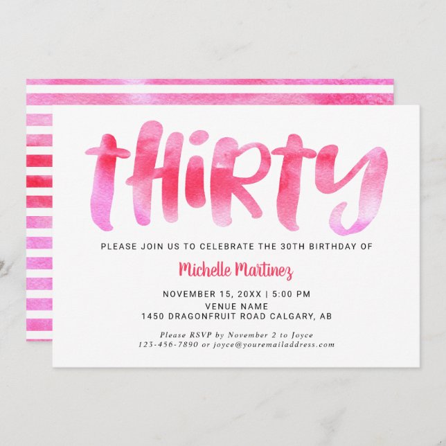 Trettio Rosa Vattenfärg Tvättar 30års födelsedag W Inbjudningar (Fram/baksida)