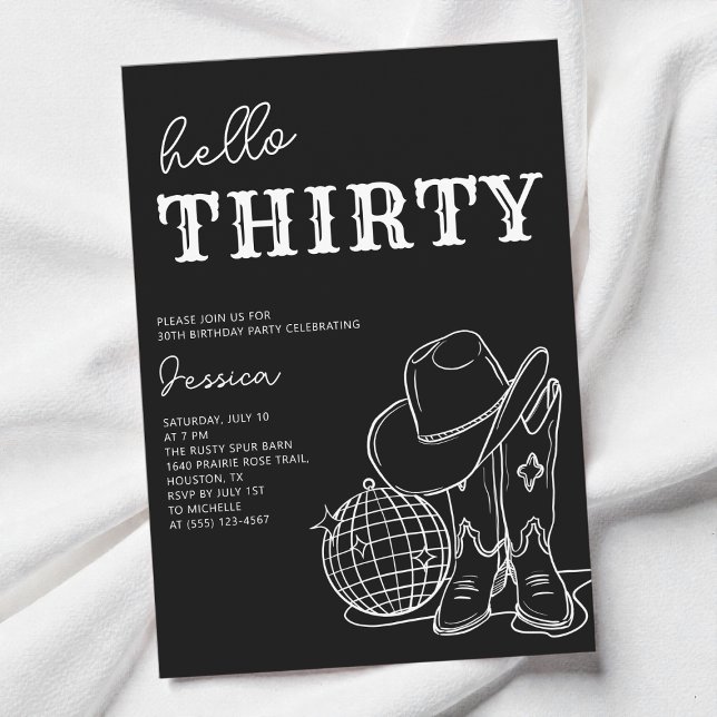 Trettio Svart och Vitt Western 30-årsfest Inbjudningar (Thirty Black and White Western 30th Birthday Party Invitation)