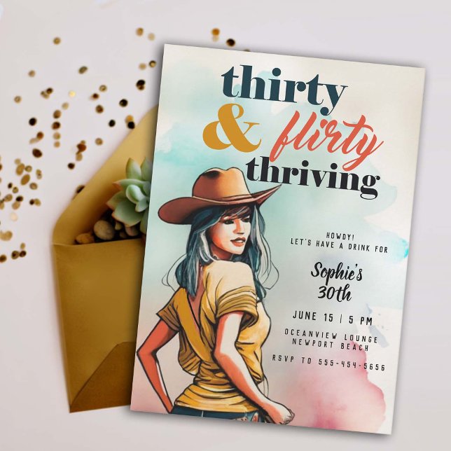 Trettio Väntar Westerna Chicen 30års födelsedag Inbjudningar (thirty flirty thriving cowgirl western country watercolor woman fun 30th birthday invitation for her)