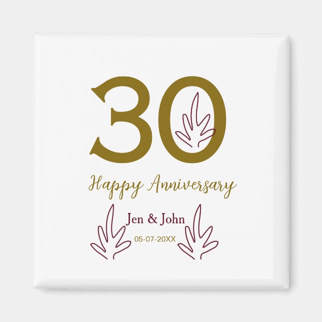 Trettioårsjubileum namn datum gyllene röda blad magnet (Framsidan)