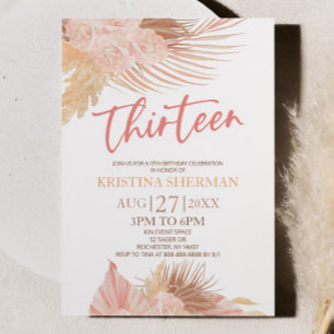 Tretton Boho Rosa Blommig 13-års Födelsedagsfest Inbjudningar