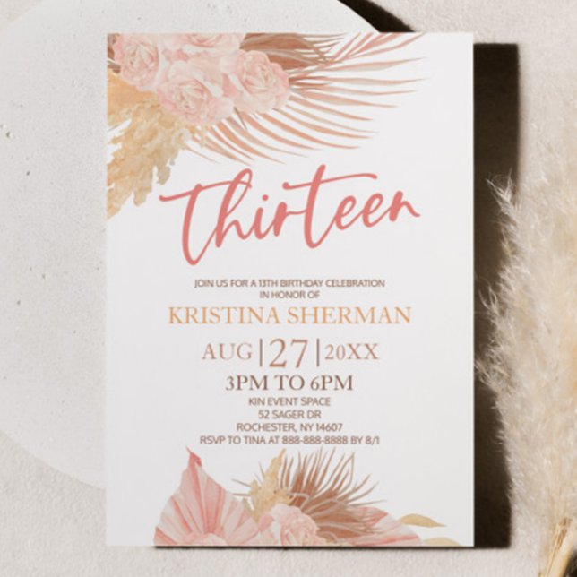 Tretton Boho Rosa Blommigt 13:e Födelsedagsfesten Inbjudningar (Skapare uppladdad)