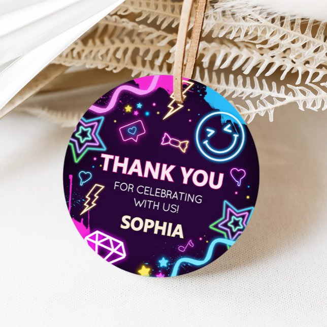 Tretton Neon Teenager Födelsedagsfest Round Gåvor Etiketter (Neon Official Thirteen Birthday Party Favor Tags)