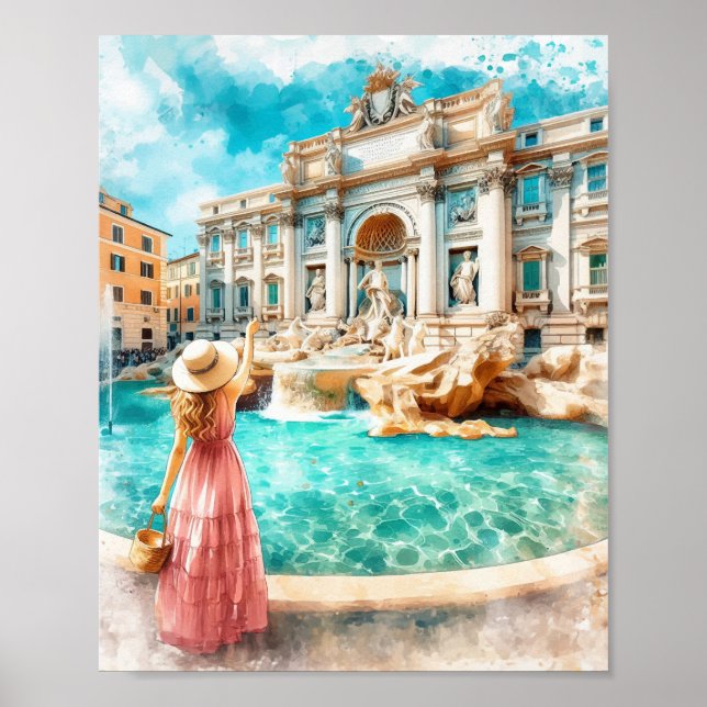Trevi Fontän Italien Watercolor Art Poster (Framsidan)