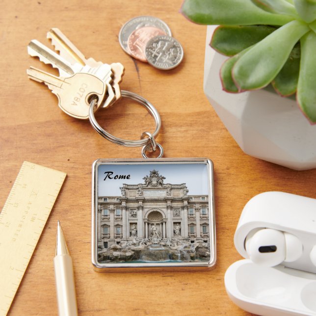 Trevi Fontän Keychain Fyrkantig Silverfärgad Nyckelring (Skrivbord)