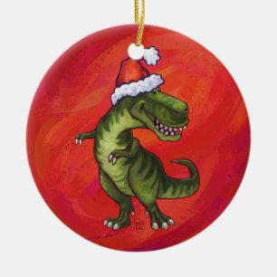 TRex Dino i den Santa hatten på rött Julgransprydnad Keramik
