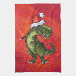 TRex Dino i den Santa hatten på rött Kökshandduk