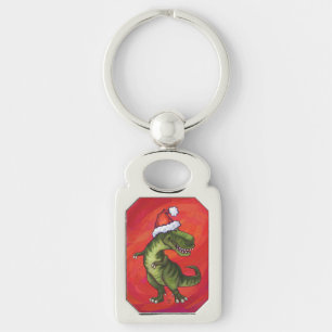 TRex Dino i Santa Hat på Red Rektangulärt Silverfärgad Nyckelring