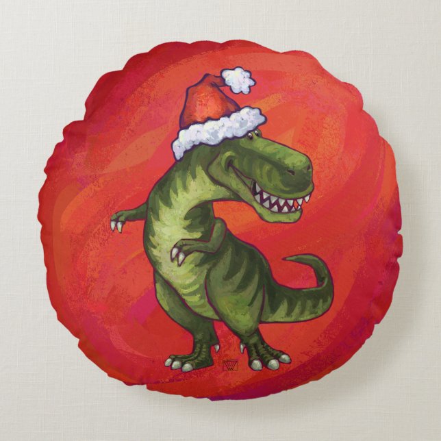 TRex Dino i Santa Hat på Red Rund Kudde (Framsidan)