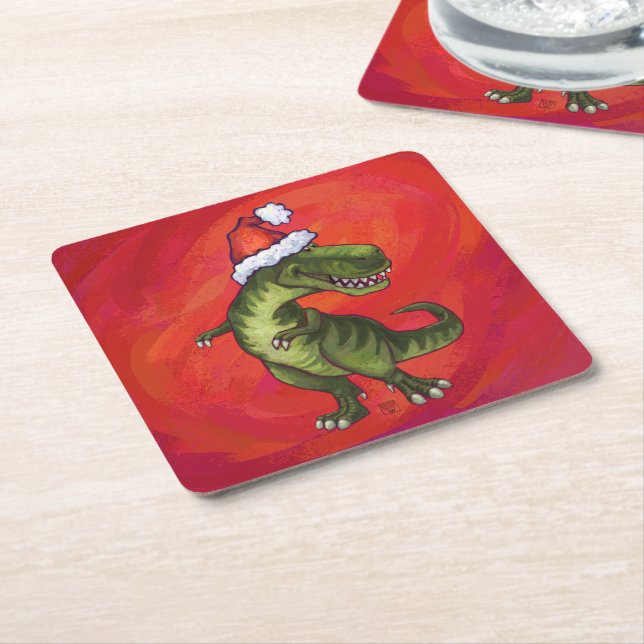 TRex Dino i Santa Hat på Red Underlägg Papper Kvadrat (Vinklad)