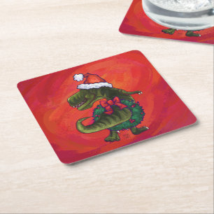 TRex Dino i Santa Hat på Red Underlägg Papper Kvadrat