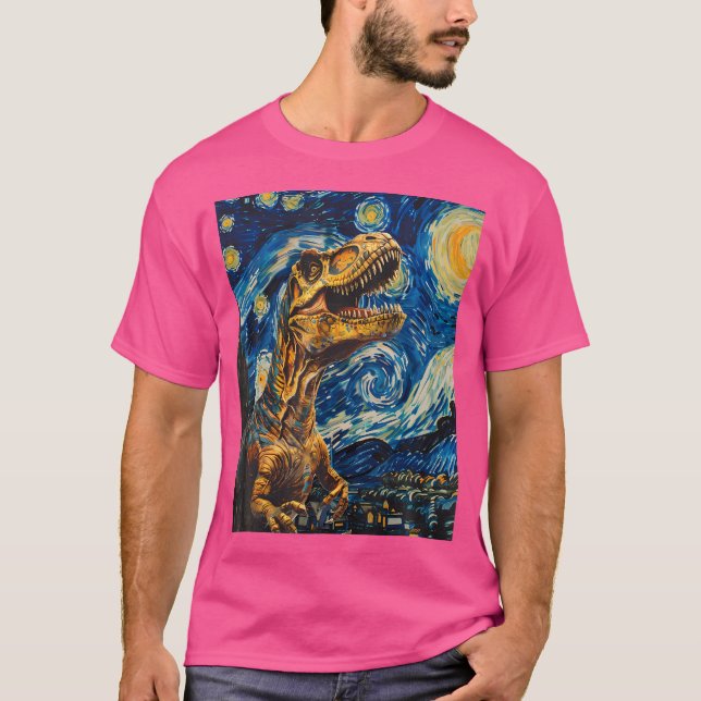 Trex Dinosaur Dino - Van Gogh Stil - Starry Night T Shirt (Framsida)