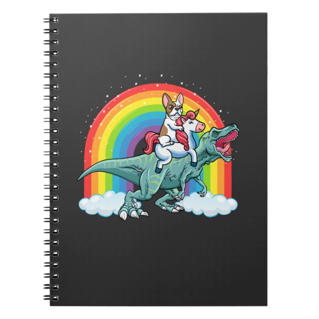 Trex Dinosaur Fransk Bulldog Unicorn Rainbow Anteckningsbok (Framsidan)