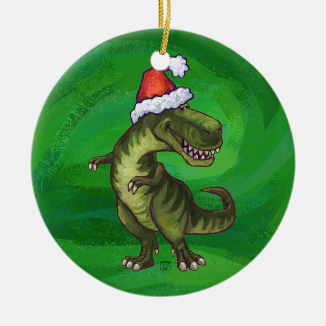 TRex i Santa Hat på Grönt Julgransprydnad Keramik (Framsidan)