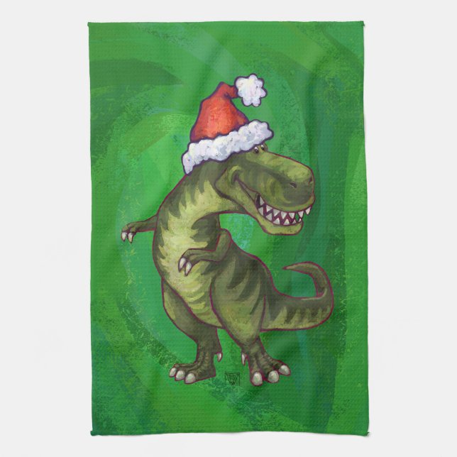 TRex i Santa Hat på Grönt Kökshandduk (Vertikal)