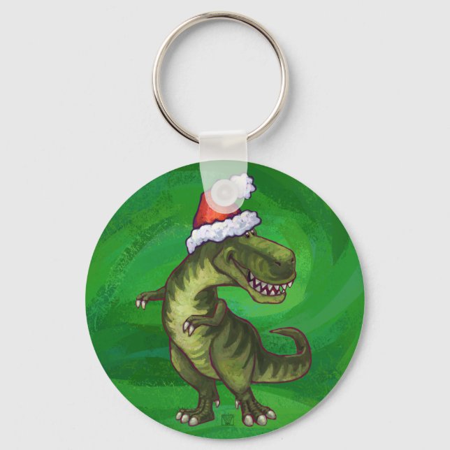 TRex i Santa Hat på Grönt Nyckelring (Framsida)