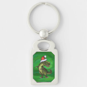 TRex i Santa Hat på Grönt Rektangulärt Silverfärgad Nyckelring