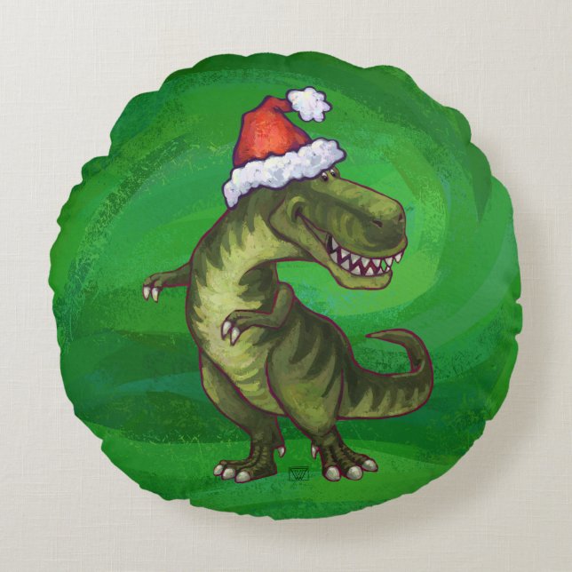 TRex i Santa Hat på Grönt Rund Kudde (Framsidan)